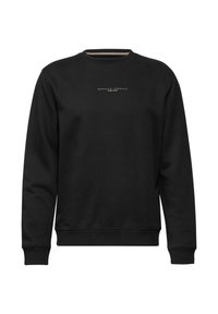Sort sweatshirt lavet af blødt stof, med rund hals, lange ærmer og et lille hvidt trykt grafisk motiv på brystet. Ingen mønstre.
