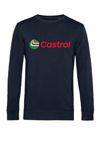 Sudadera de manga larga en color navy hecha de algodón; presenta un gran logo rojo de "Castrol" con un diseño circular en verde y blanco. Textura suave.