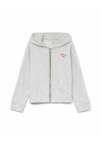 Grå zip-up hoodie i mjukt tyg med en framficka, ribbade ärmslut och huva. Har en liten röd broderad grafik på bröstet.