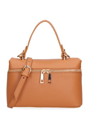 Borsa in pelle color cuoio con manico superiore, tracolla regolabile e chiusura con cerniera dorata con doppio cursore.