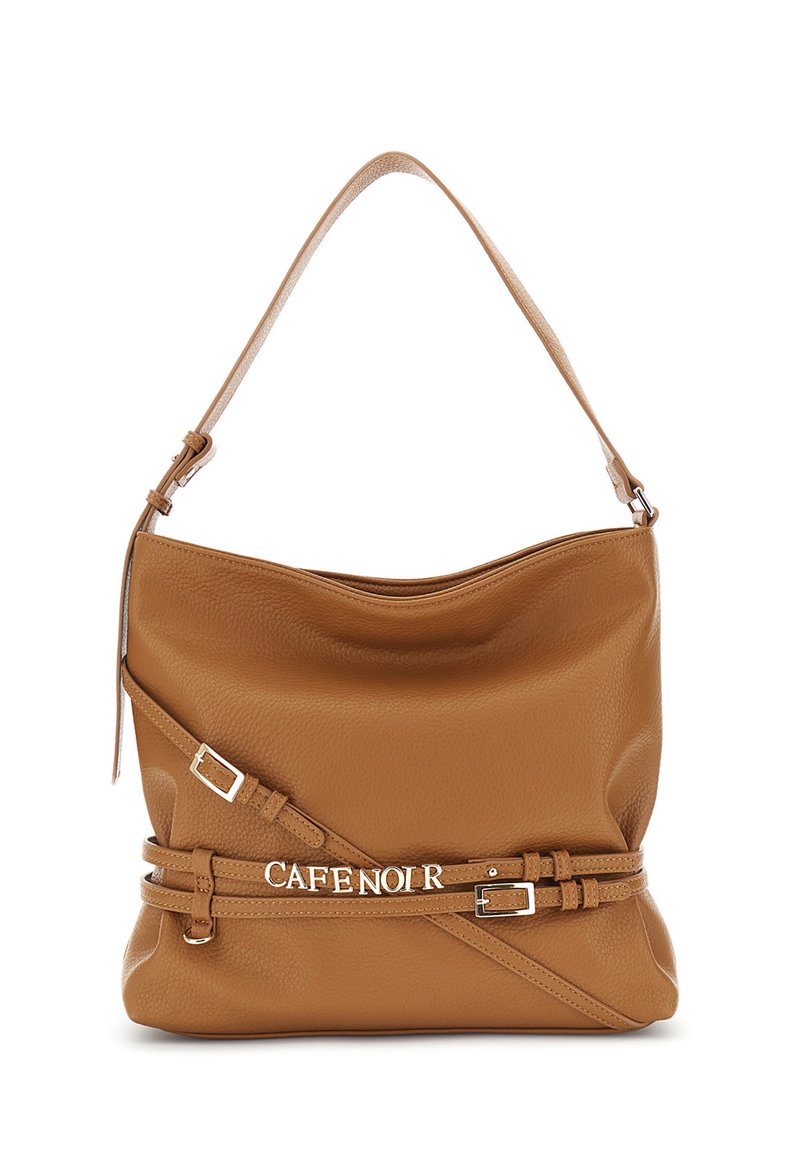 Brązowa skórzana torba na ramię o swobodnym designie. Posiada akcent w postaci paska z srebrnym napisem "CAFÉ NOIR" oraz regulowany pasek.