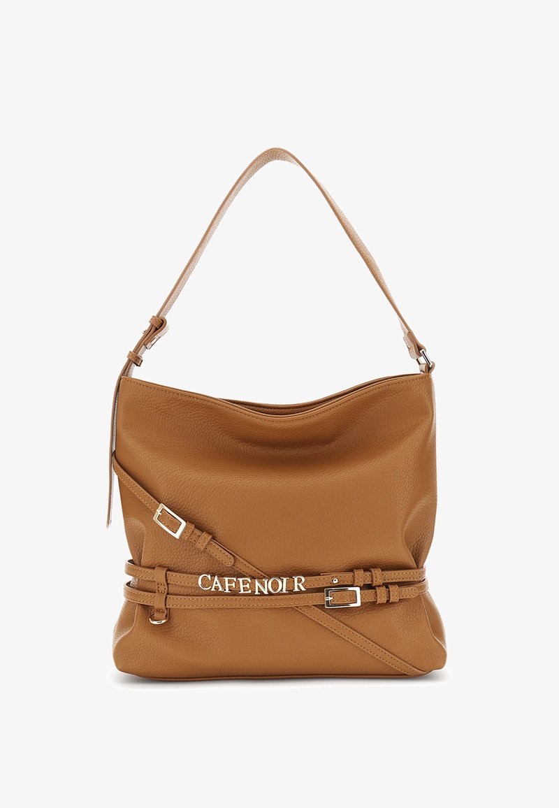 Brązowa skórzana torba na ramię o swobodnym designie. Posiada akcent w postaci paska z srebrnym napisem "CAFÉ NOIR" oraz regulowany pasek.