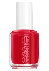 Vernis à ongles rouge dans un flacon en verre transparent avec un capuchon blanc. Présente une texture lisse et un logo bien défini en relief sur le côté.