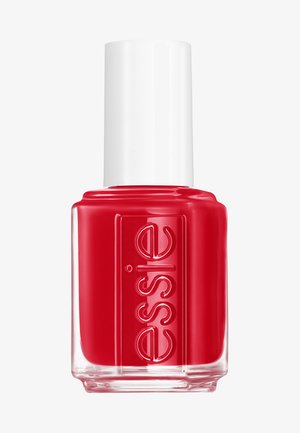 Röd nagellack i en klar glasflaska med ett vitt lock. Har en jämn konsistens och en väldefinierad logotyp präglad på sidan.