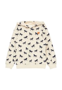 Beige Kapuzenpulli mit einem sich wiederholenden Muster von marineblauen Pferden und einem orangen Herzakzent. Weicher Stoff, lockerer Schnitt, gerippte Bündchen und Saum.