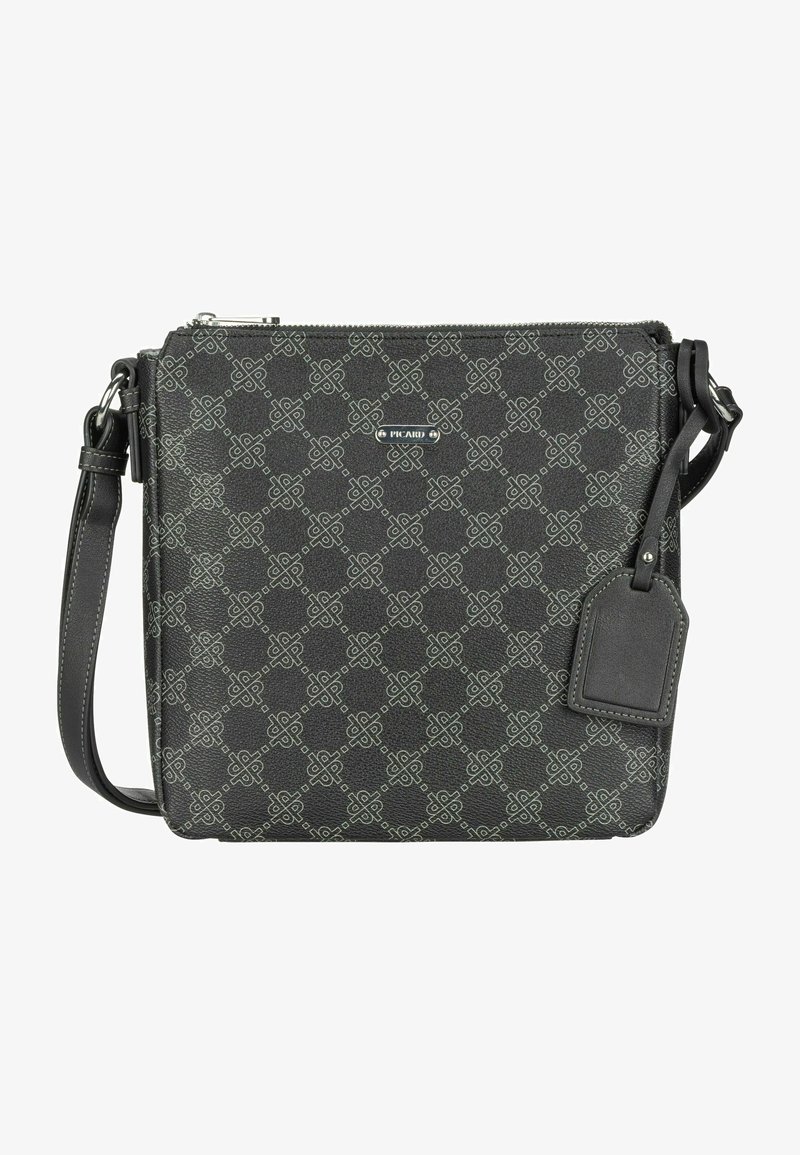 Black textured shoulder bag with geometric pattern, adjustable strap, and logo detail. Zipper closure and luggage tag accent.