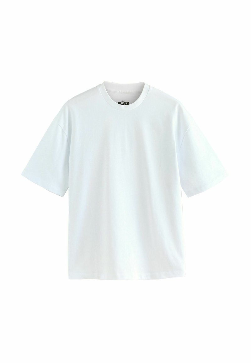 Hvid bomulds t-shirt med rund hals, korte ærmer og lige kant. Glat tekstur og ingen synlige mønstre eller accenter.