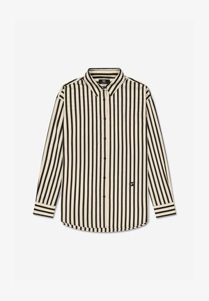 Camisa abotonada en color crema con Rayas verticales negras. Mangas largas con puños a rayas, dobladillo redondeado y un pequeño logo en el lado izquierdo.