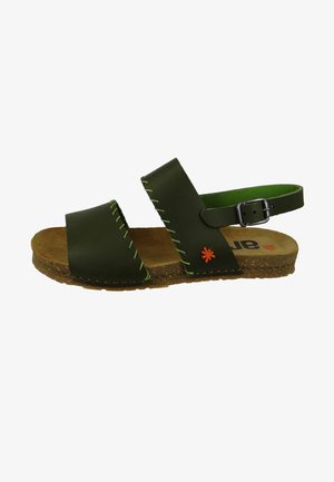 Green leather sandals with two wide straps and a buckled back strap. Features orange stitching and a cork sole with a textured finish.