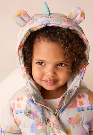Children's puffer coat in light gray, featuring colorful animal patterns. Hood has bear ears and a turquoise spike detail. Soft texture.