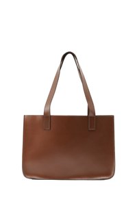 Brązowa skórzana torba na ramię z dwoma prostymi uchwytami. Posiada gładką teksturę i prostokątny kształt. Bez widocznych logo ani ozdób.