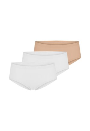 Drei nahtlose Damen-Hipster-Unterhosen in Weiß und Beige, übereinander liegend auf einem weißen Hintergrund.