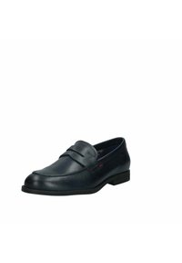 Mocassino in pelle blu con finitura liscia, dotato di una cucitura decorativa superiore e un accento rosso minimale, punta rettangolare e tacco basso impilato.