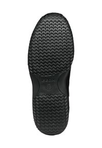 Suola di scarpa in gomma nera con motivo a zigzag texturizzato, caratterizzata da un logo circolare al centro e dalla stampa "GEOX" sul lato.