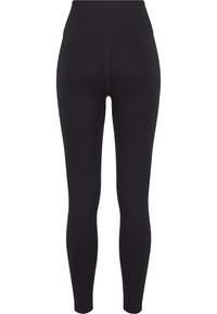 Leggings noirs côtelés taille haute avec une coupe ajustée jusqu'aux chevilles, présentés sur fond blanc.