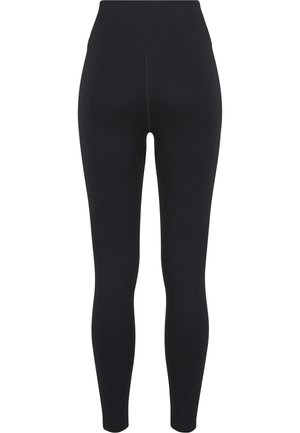 Leggings noirs côtelés taille haute avec une coupe ajustée jusqu'aux chevilles, présentés sur fond blanc.