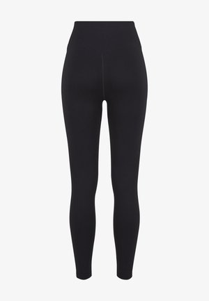 Leggings noirs côtelés taille haute avec une coupe ajustée jusqu'aux chevilles, présentés sur fond blanc.