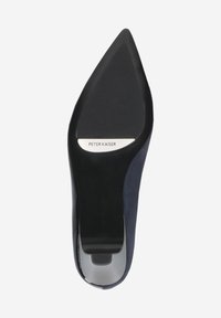 Navy suede high heel shoe, pointed toe design, smooth black sole with a metallic accent featuring "PETER KAISER" engraved.