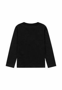 Long-sleeve black cotton shirt, round neckline, smooth texture, ribbed cuffs, and hem, with no additional patterns or embellishments.