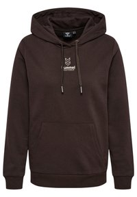 Dunkelbrauner Pullover-Hoodie mit frontaler Kängurutasche, Kordelzugkapuze und weißem "hummel SPORTSWEAR"-Logo auf der Brust.