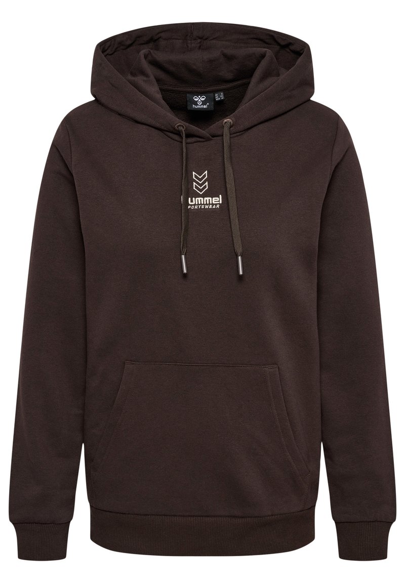 Dunkelbrauner Pullover-Hoodie mit frontaler Kängurutasche, Kordelzugkapuze und weißem "hummel SPORTSWEAR"-Logo auf der Brust.
