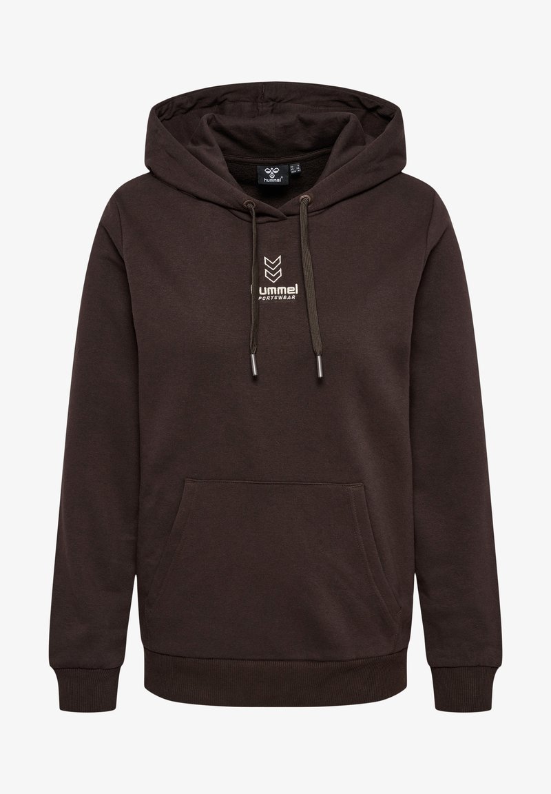 Dunkelbrauner Pullover-Hoodie mit frontaler Kängurutasche, Kordelzugkapuze und weißem "hummel SPORTSWEAR"-Logo auf der Brust.