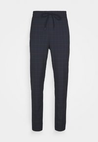 Marine geruite broek met een elastische tailleband en aantrekkoord. De stof heeft een ruitpatroon, met een gladde textuur en taps toelopende pijpen.