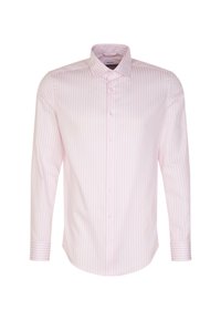 Chemise pour hommes à manches longues avec rayures verticales rose clair et blanches, col classique et poignets à boutons.