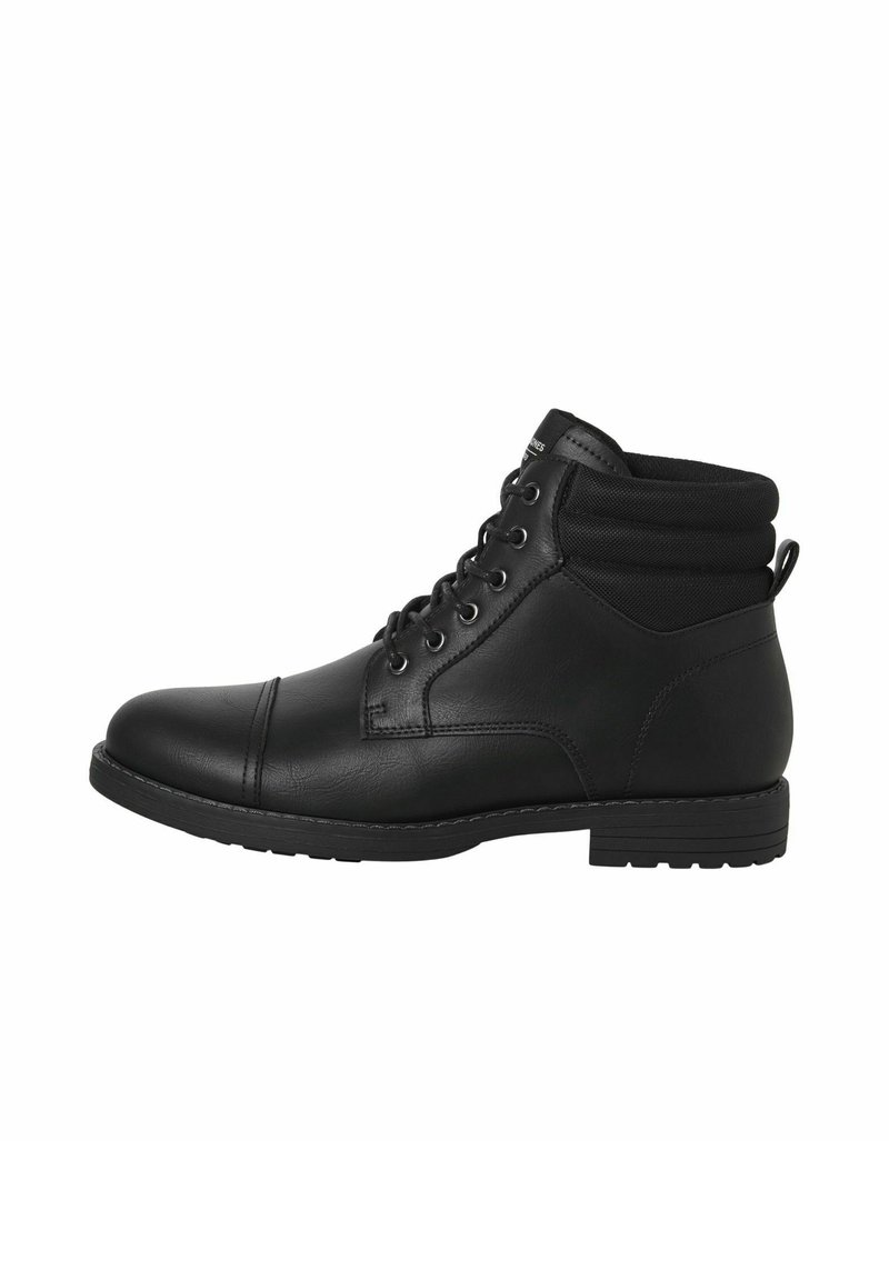 Bottines noires avec un extérieur en simili cuir lisse, bout arrondi, lacets à l'avant et un col rembourré. Semelle en caoutchouc durable pour une meilleure traction.