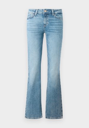 Light blue flared jeans made of denim. Features a high waist, metal button closure, and subtle fading across the legs for texture.
