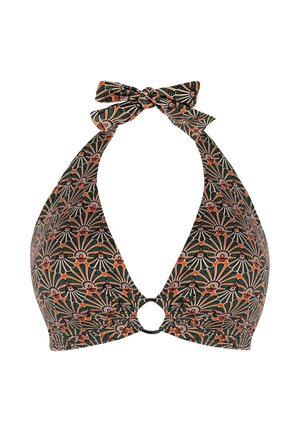 Góra bikini typu halter w zielony, pomarańczowy i biały wzór kwiatowy, z wiązanymi na szyi paskami i okrągłym pierścieniem na środku z przodu.