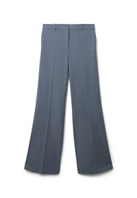 Pantaloni a gamba larga di un blu tenue, realizzati in un tessuto leggero, con chiusura a bottone e una texture liscia.