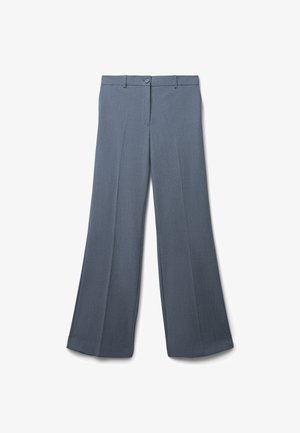 Wide-leg trousers in a muted blue color, made of a lightweight fabric, featuring a button closure and a smooth texture.