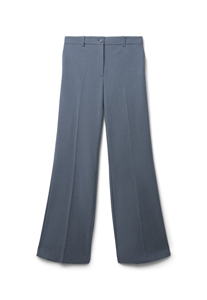 Pantaloni a gamba larga di un blu tenue, realizzati in un tessuto leggero, con chiusura a bottone e una texture liscia.