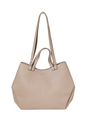 Beżowa torba typu tote z fakturowanej skóry z dwoma krótkimi i dwoma długimi paskami, z małym tłoczonym logo marki na środku z przodu.