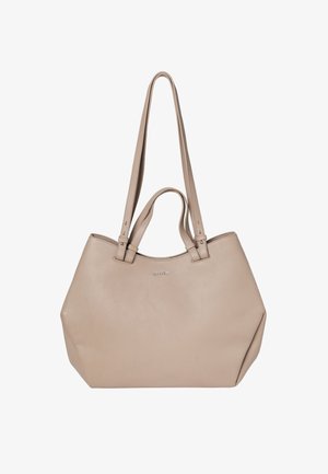 Beige texturált bőr bevásárlótáska két rövid és két hosszú pánttal, elején középen kis dombornyomott márkajelzéssel.