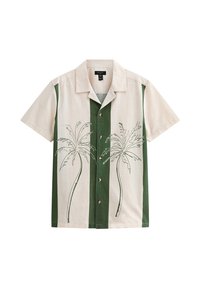 Camicia a maniche corte con bottoni in beige e verde, caratterizzata da grafiche di palme con contorni neri sul davanti, bottoni in legno e una vestibilità rilassata.