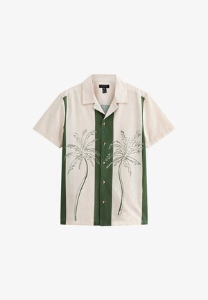 Camicia a maniche corte con bottoni in beige e verde, caratterizzata da grafiche di palme con contorni neri sul davanti, bottoni in legno e una vestibilità rilassata.