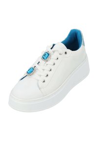 White leather sneaker with a raised sole, featuring blue accents inside and two blue gem embellishments on the upper.