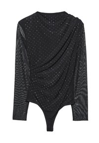Schwarzer Bodysuit mit langen, transparenten Ärmeln. Mit drapiertem Vorderteil und verstreuten Strassverzierungen. Glatte Stoffoberfläche mit enganliegender Silhouette.