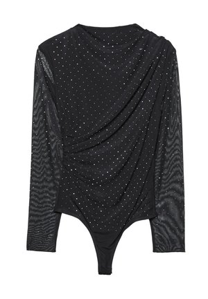 Schwarzer Bodysuit mit langen, transparenten Ärmeln. Mit drapiertem Vorderteil und verstreuten Strassverzierungen. Glatte Stoffoberfläche mit enganliegender Silhouette.