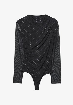 Schwarzer Bodysuit mit langen, transparenten Ärmeln. Mit drapiertem Vorderteil und verstreuten Strassverzierungen. Glatte Stoffoberfläche mit enganliegender Silhouette.