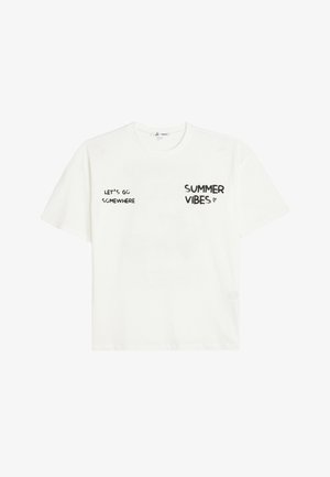 White cotton t-shirt with short sleeves, featuring black text that reads "LET'S GO SOMEWHERE" and "SUMMER VIBES" in various styles.