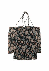 Schwarzes, blumenbesticktes Off-Shoulder-Oberteil mit langen Ärmeln, hergestellt aus leichtem Stoff. Verfügt über rosa und blaue Blumenmuster sowie verstellbare Bindegurte.