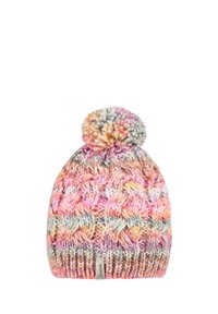 Knitted beanie in pastel colors with a textured pattern, featuring a fluffy pom-pom on top and a ribbed cuff at the base.