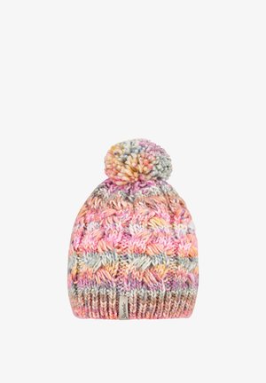 Knitted beanie in pastel colors with a textured pattern, featuring a fluffy pom-pom on top and a ribbed cuff at the base.