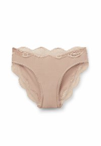 Beige ondergoed met kantafwerking en ribbeltextuur, met golvende randen en een zachte stofafwerking. Ontworpen voor comfort en pasvorm.