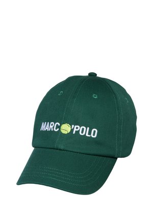 Dark green baseball cap with "MARC POLO" embroidered in white and a yellow tennis ball replacing the letter O on a white background.