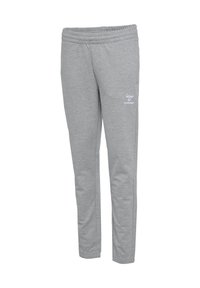 Graue Jogginghosen aus weichem Material, mit einem elastischen Bund, schmaler Passform und einem kleinen Logo am linken Bein.