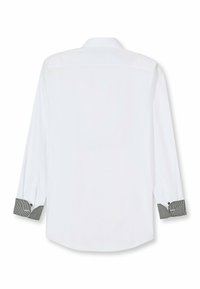 Weißes Langarmhemd mit klassischem Kragen, ausgestattet mit gemusterten schwarzen Manschetten mit Knöpfen und einer glatten, einfarbigen Oberfläche.